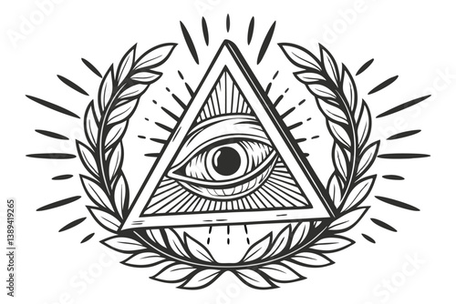 68 Illuminati symbol, all-seeing eye, triangle, laurel wreath, detailed illustration, black and white, engraving style, symmetrical design, mystic, occult, esoteric, banner, rays of light, intricate l