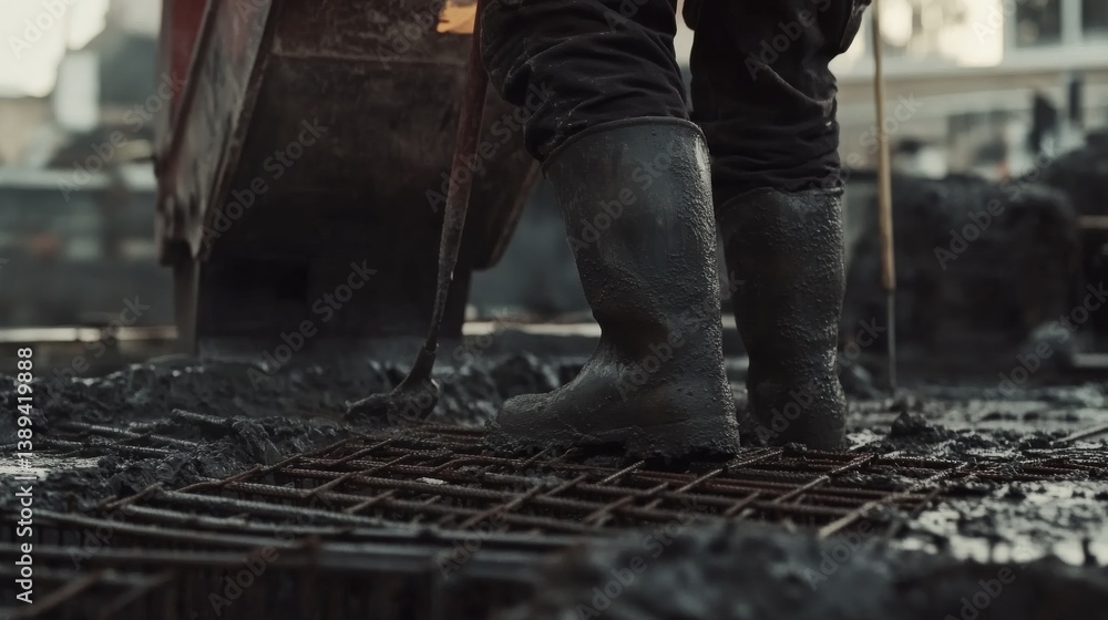 A construction worker laying down a concrete foundation at a building site. Featuring precision and strength A construction worker laying down a concrete foundation at a building site. Featuring precision and strength