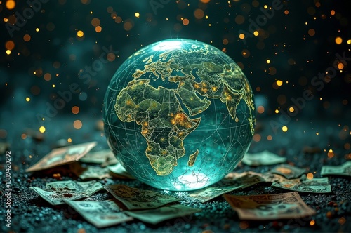 Illuminated transparent globe on currency notes with sparkling bokeh background