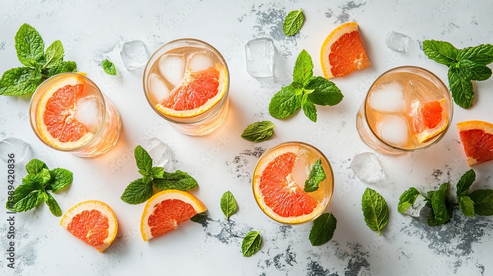Refreshing Summer Grapefruit Cocktails With Mint And Ice On White Marble Background, Top View Refreshing Summer Grapefruit Cocktails With Mint And Ice On White Marble Background, Top View