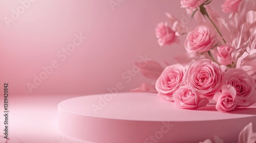 Pink rose display podium, gentle lighting, floral arrangement, product presentation, ideal for fashion or beauty products