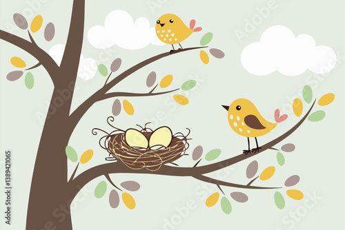 69 Cartoon bird family, nest with eggs, tree branch, fluffy white clouds, pale blue sky, cute yellow birds, stylized illustration, flat design, pastel colors, minimalist, whimsical, family theme, natu