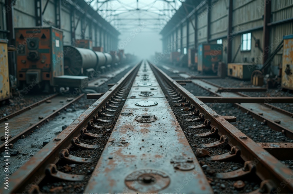 Rusty train tracks in abandoned industrial warehouse under foggy sky Rusty train tracks in abandoned industrial warehouse under foggy sky