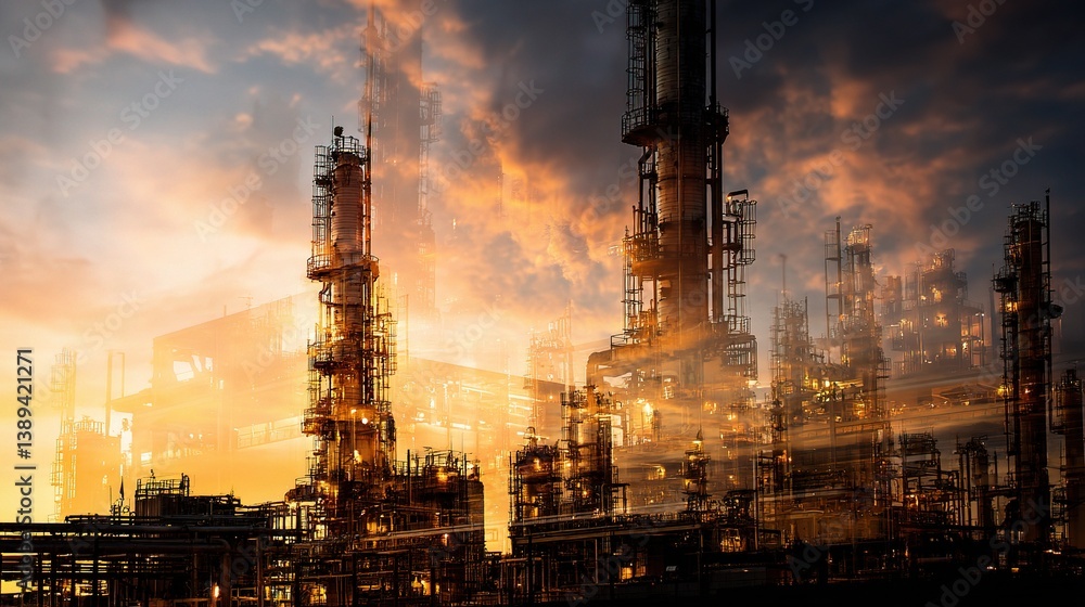 Obraz premium Closeup of Industrial Refinery with Complex Structures and Lighting