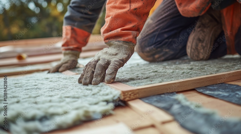 A construction worker laying insulation on a roof at a building site. Featuring focus and care A construction worker laying insulation on a roof at a building site. Featuring focus and care
