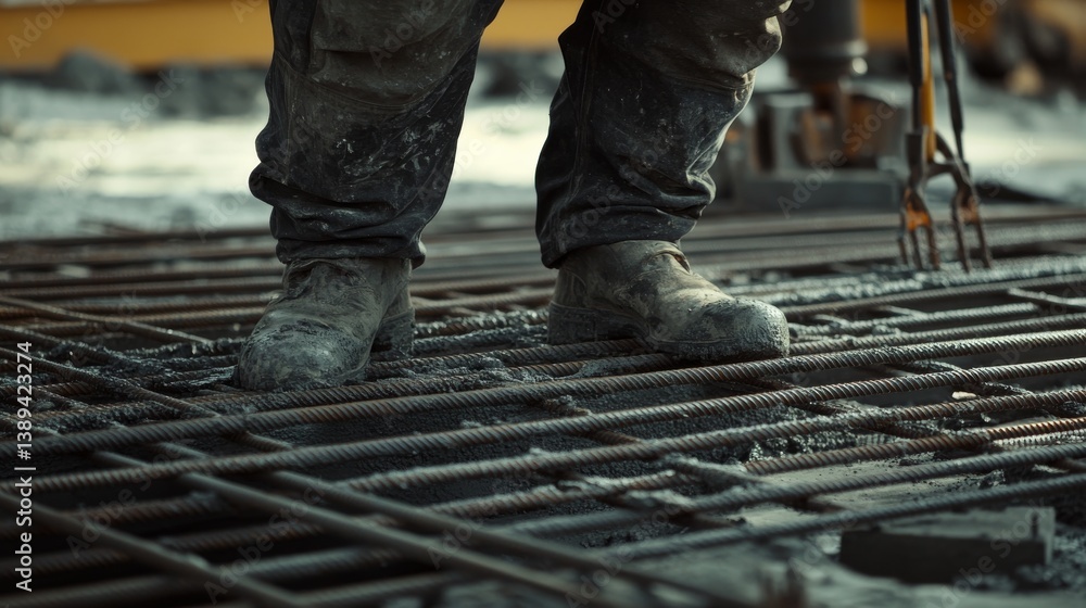 A construction worker laying rebar for concrete pouring at a building site. Featuring precision and coordination A construction worker laying rebar for concrete pouring at a building site. Featuring precision and coordination