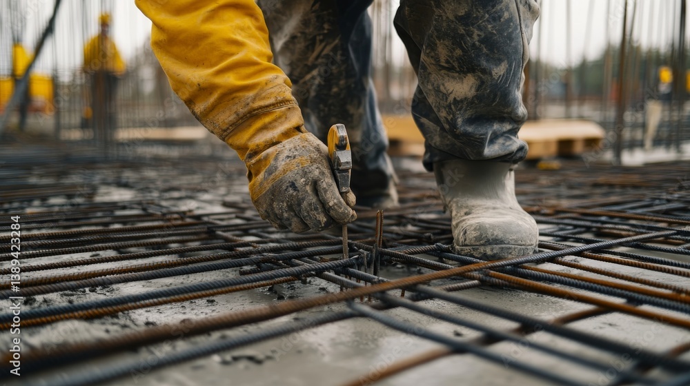 A construction worker laying rebar for concrete pouring at a building site. Featuring precision and coordination A construction worker laying rebar for concrete pouring at a building site. Featuring precision and coordination