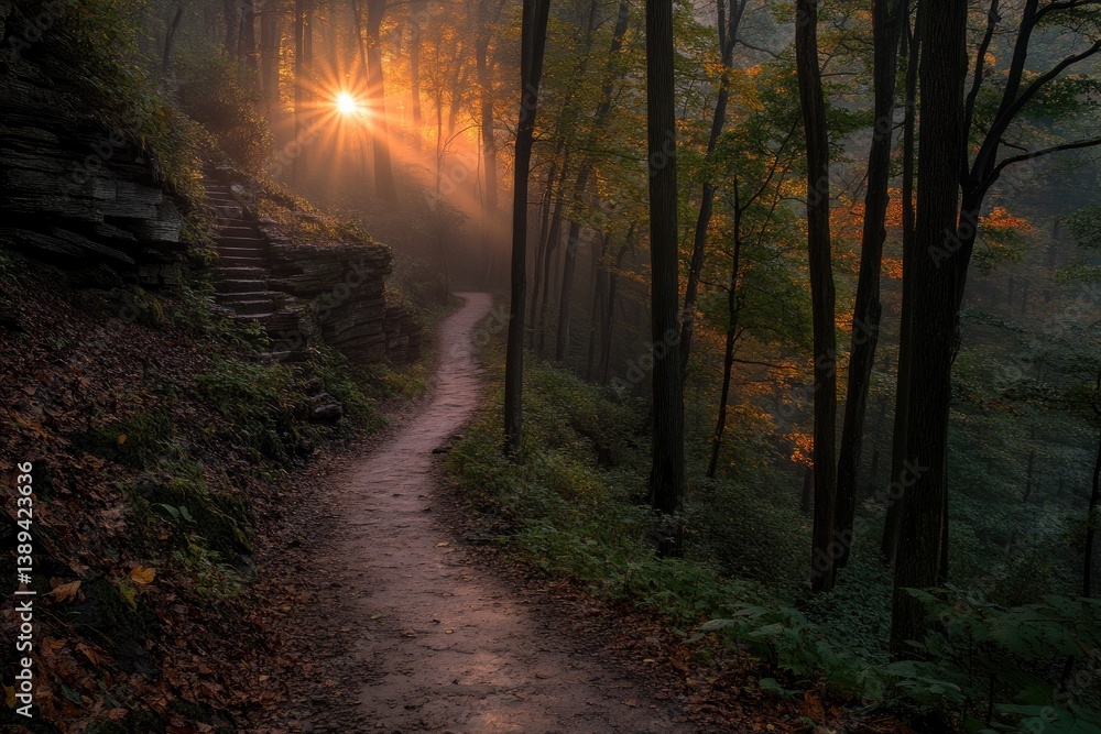 Fototapeta premium Sunbeams Path Through Autumn Woods