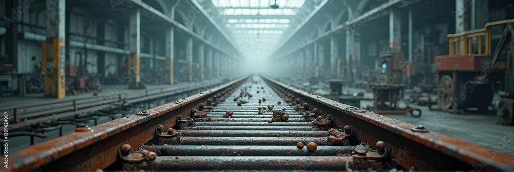 Abandoned industrial warehouse with rusty train tracks in vanishing perspective Abandoned industrial warehouse with rusty train tracks in vanishing perspective