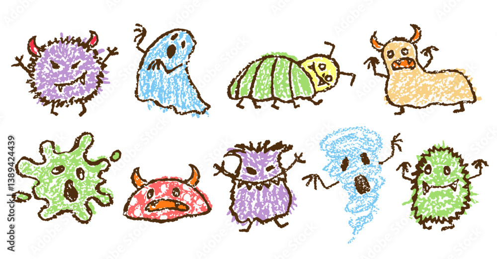 Crazy silly scary monster set. Like kids hand drawn cartoon character childlike art. Crayon or pencil chalk vector caterpillar slime, ghost, goblin, troll, yeti, alien. Fantastic funny horrible doodle