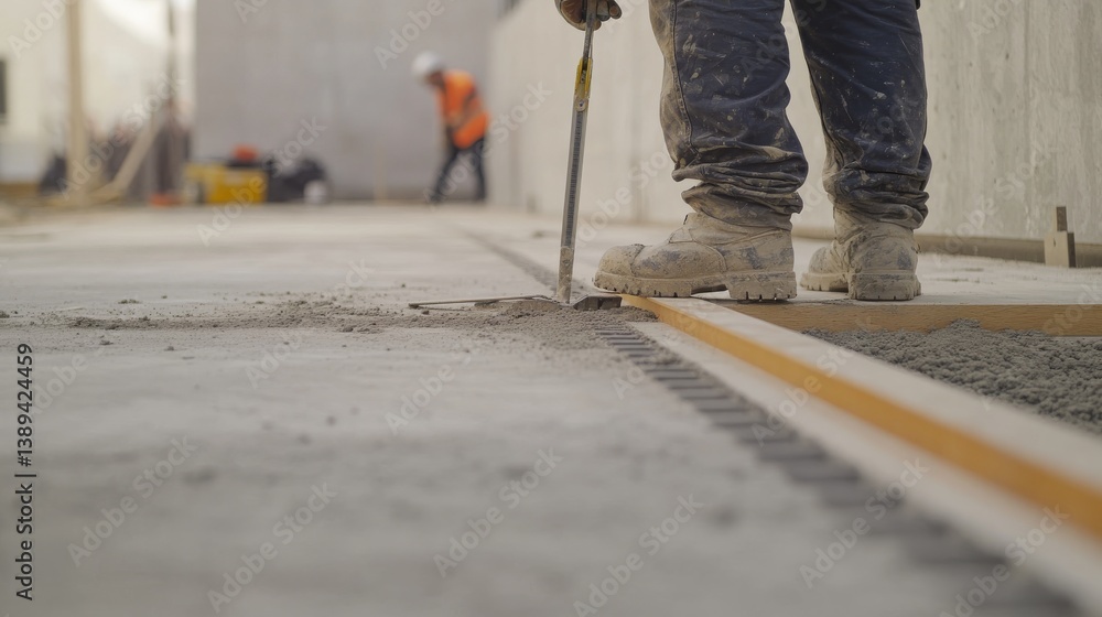 A construction worker leveling a floor at a building site. Featuring attention to detail A construction worker leveling a floor at a building site. Featuring attention to detail