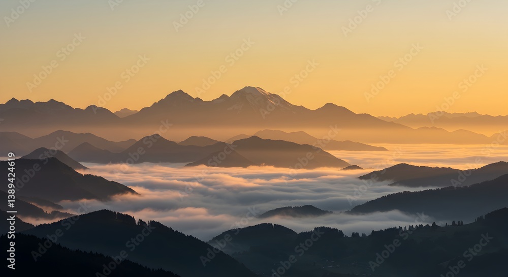 Serene Sunrise Over Misty Mountain Ranges A Breathtaking Landscape Panorama Serene Sunrise Over Misty Mountain Ranges A Breathtaking Landscape Panorama