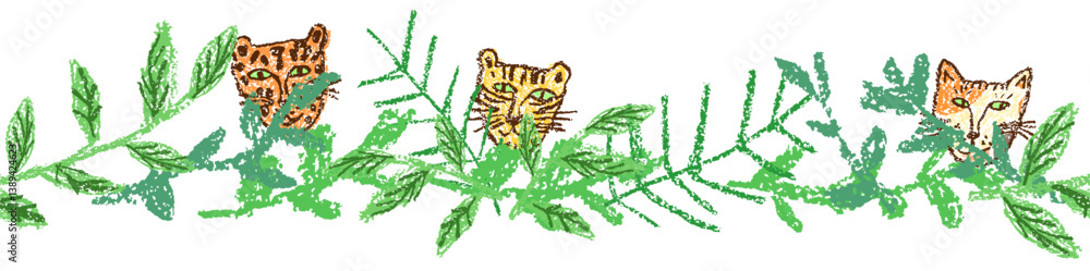 Cat family in tropics jungle forest thicket seamless border pattern. Face or muzzle of crayon like kid`s hand drawn funny leopard, panther or puma. Cartoon doodle vector pastel chalk or pencil style