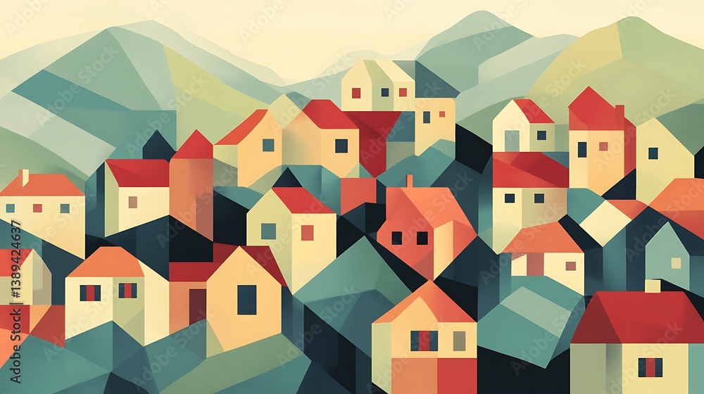 Geometric village nestled in mountains. Geometric village nestled in mountains.