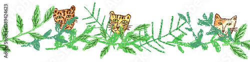 Obraz na płótnie Cat family in tropics jungle forest thicket seamless border pattern. Face or muzzle of crayon like kid`s hand drawn funny leopard, panther or puma. Cartoon doodle vector pastel chalk or pencil style w salonie