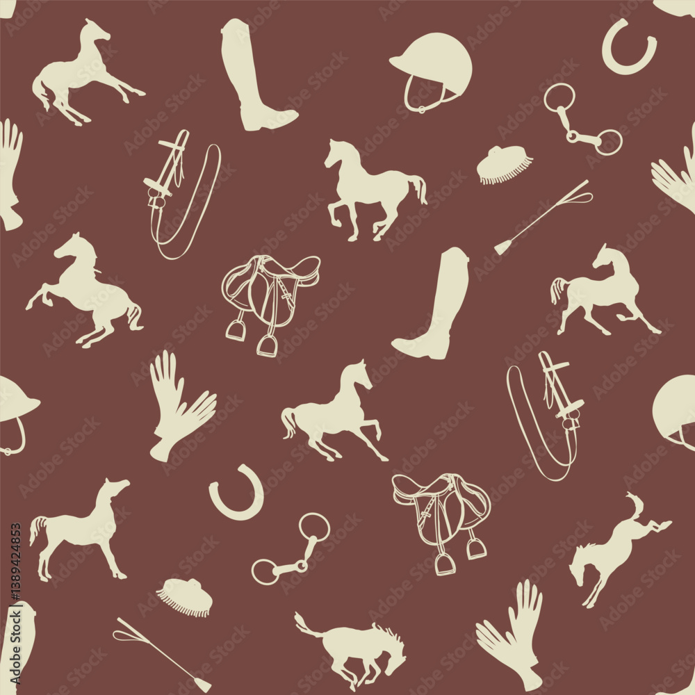 Equestrian art seamless pattern. Horse silhouette, bridle, saddle. Elegant horse motif background. Horse tack, horse gear vector ornament. England luxury classic vintage hand drawn style