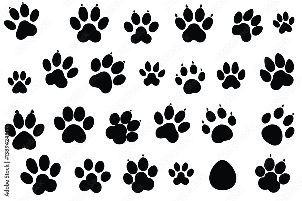 Fototapeta premium Vector illustration of Various Dog Paw Prints black and white.