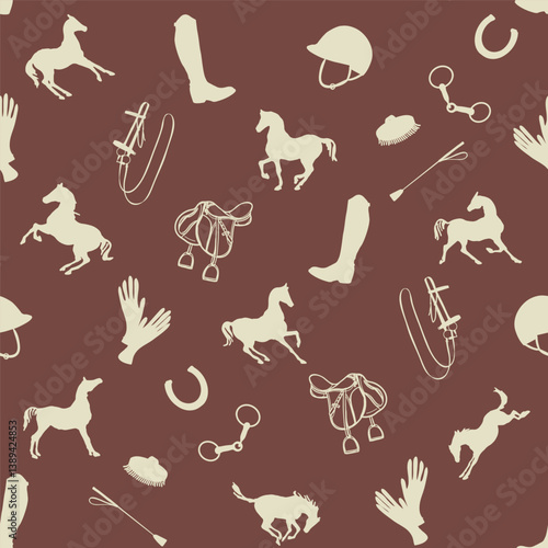 Obraz na płótnie Equestrian art seamless pattern. Horse silhouette, bridle, saddle. Elegant horse motif background. Horse tack, horse gear vector ornament. England luxury classic vintage hand drawn style w salonie
