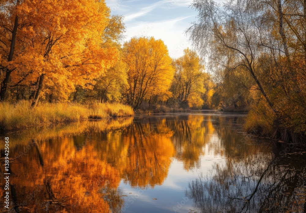 A river surrounded by trees with yellow leaves reflects in the water A river surrounded by trees with yellow leaves reflects in the water