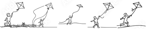 set vector continuous line kid playing kite