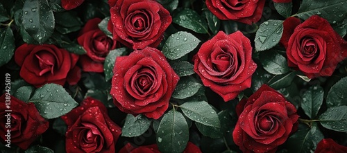 Fototapeta Naklejka Na Ścianę i Meble -  A beautiful bunch of vibrant red roses complemented by lush green leaves