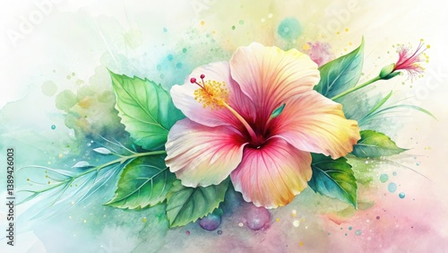 A Delicate Watercolor Hibiscus Blossom with Lush Greenery and a Soft, Pastel Color Palette, Rendered with Exquisite Detail and Vibrant Hues