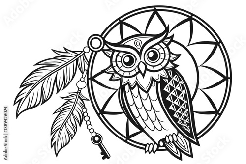 71 Intricate owl illustration, dreamcatcher design, black and white line art, feathers, key pendant, mystical symbolism, detailed feather patterns, large expressive eyes, symmetrical composition, deco