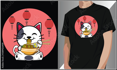 PrintCat Eating Ramen Shirt Design Illustration, Kawaii Japanese Anime Cat Tee, Kawaii Cat Lover Vector Illustration, Ramen Noodles Design, Ramen T-Shirt Design Cat Shirt.