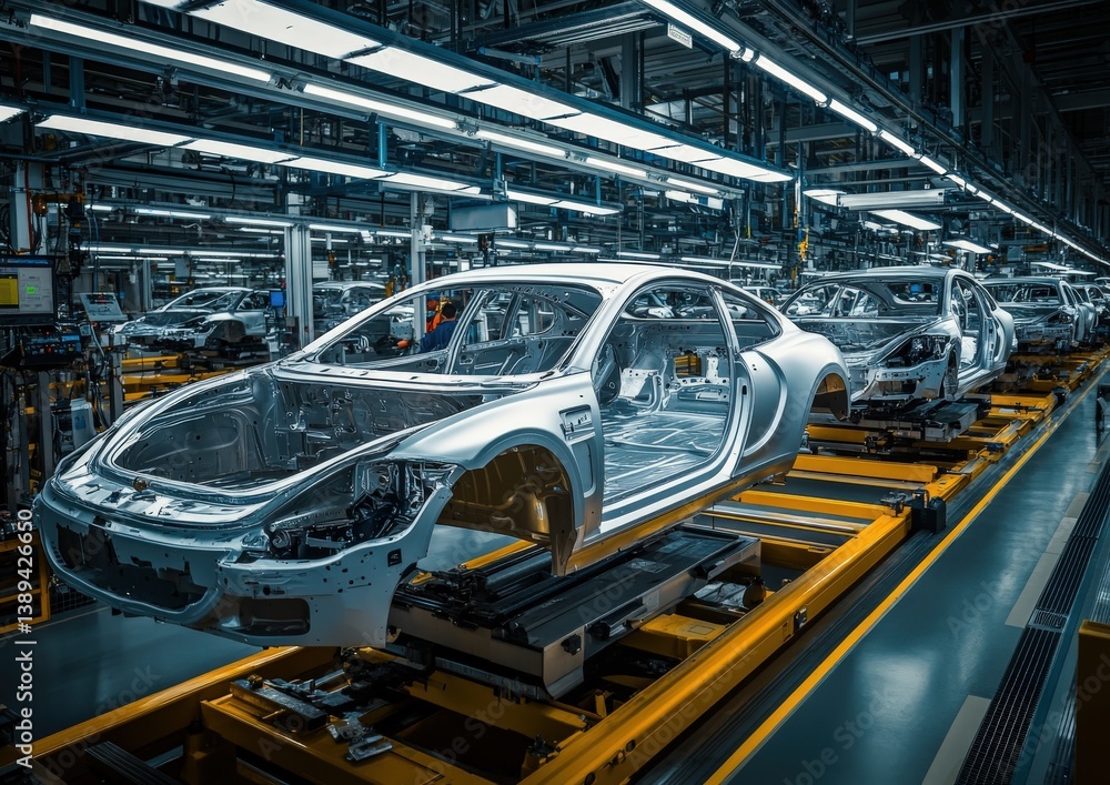 A vehicle is currently being constructed in a factory on a conveyor belt A vehicle is currently being constructed in a factory on a conveyor belt