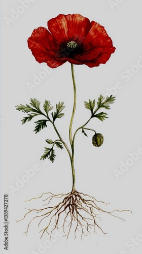Pressed field poppy with vibrant red petals, isolated with roots, naturalist scientific study style