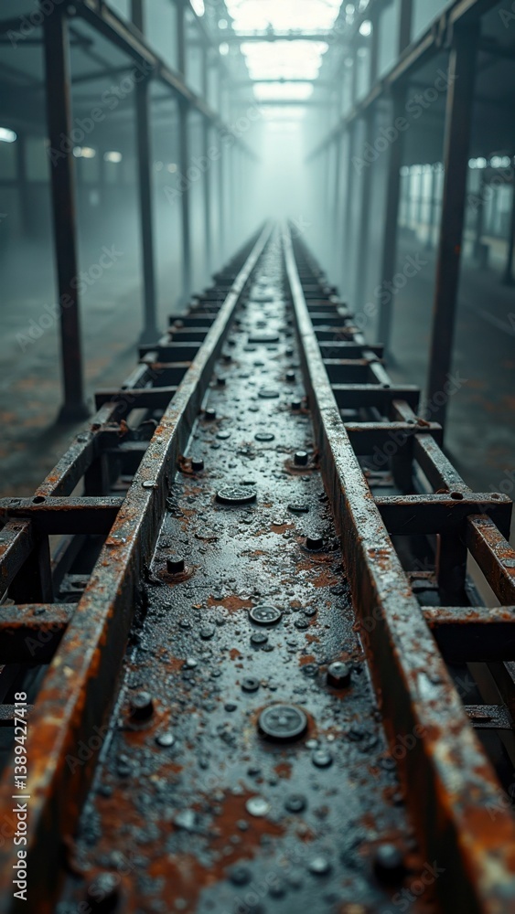 Fototapeta premium Rusty rails in abandoned industrial warehouse with atmospheric fog