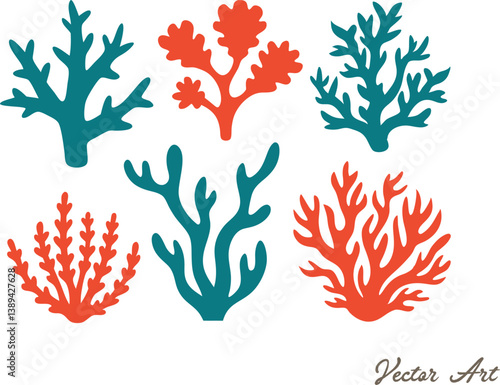 set of coral seaweed shape aesthetic element, vector,silhouette, abstract cartoon underwater plant collection