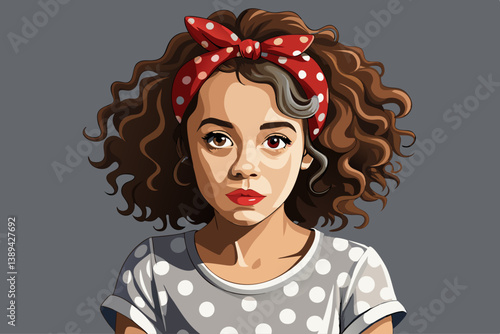 vector of Girl model with curly tied hair and white polka dot t-shirt on gray background, studio portrait