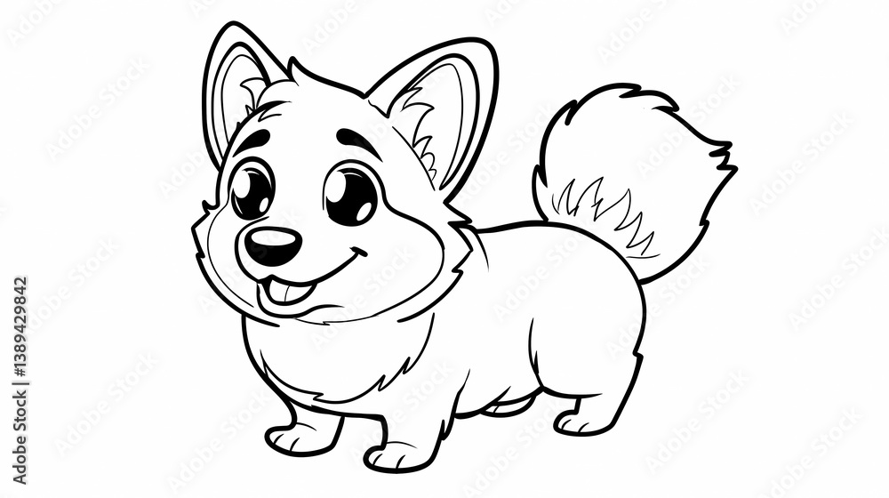Fototapeta premium A cartoon coloring page, cute, adorable, simple, smiling, corgi, full-body, white background, Generative AI illustrations.