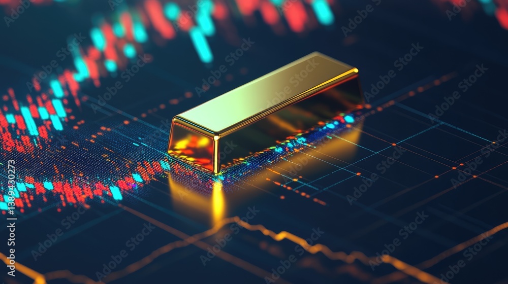 A gold bar glimmering on a stock market chart, symbolizing investor confidence amid economic uncertainty