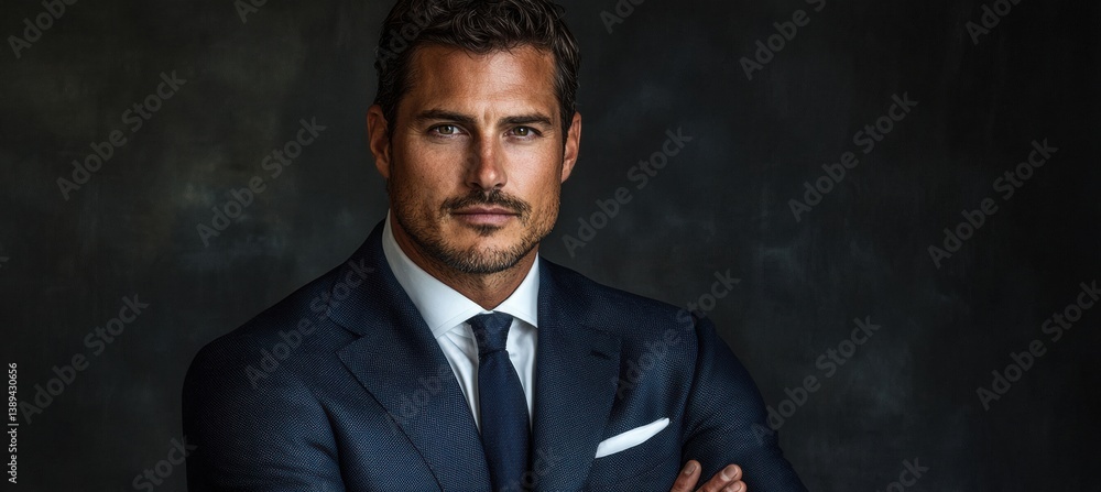 Professional portrait of a welldressed man in tailored navy suit autumn backdrop Professional portrait of a welldressed man in tailored navy suit autumn backdrop