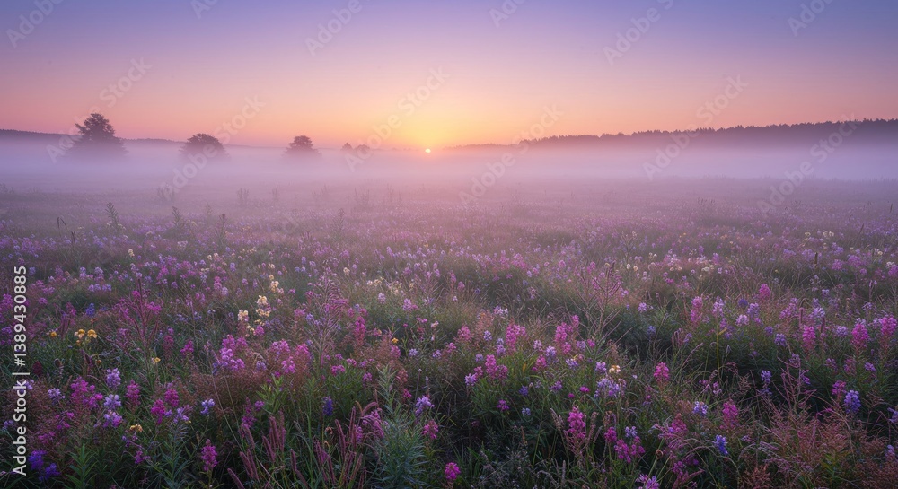 Fototapeta premium Sunrise Meadow Serenity Pastel Landscape - Peaceful sunrise over a misty flower meadow. Symbolizing tranquility, nature's beauty, new beginnings, soft light, and vibrant life