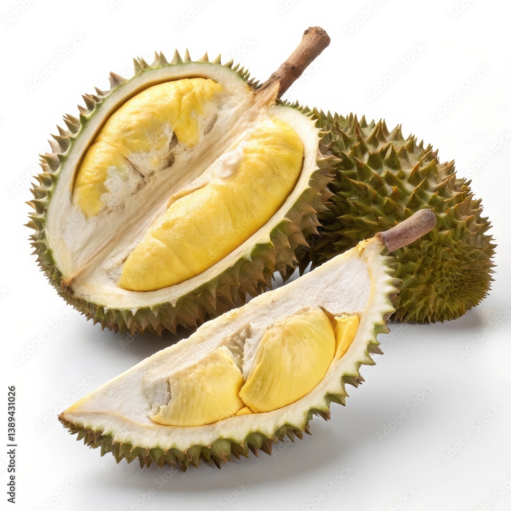 Obraz premium Fresh durian cut open, revealing its distinctive yellow flesh, presented on a white background