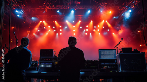 Stage Lighting Tech. Technicians testing lights & rigging before a concert. Stage production & live event prep.
