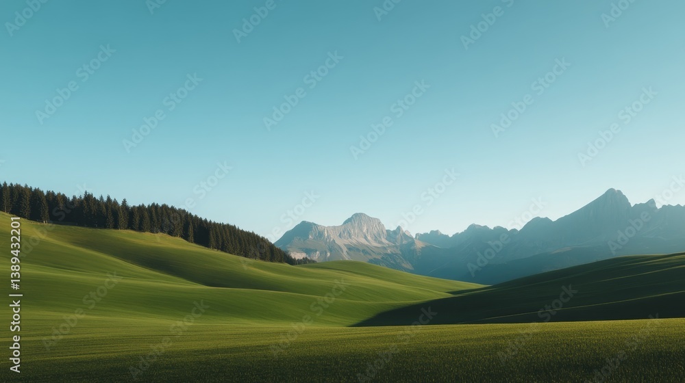 Fototapeta premium Lush green landscape with rolling hills and majestic mountains under a clear blue sky during daytime
