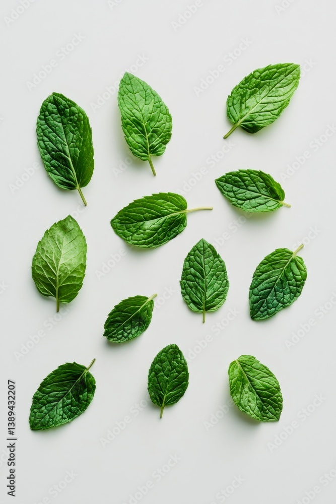 Top view of fresh peppermint leaves with printed botanical name, minimalist layout on white Top view of fresh peppermint leaves with printed botanical name, minimalist layout on white