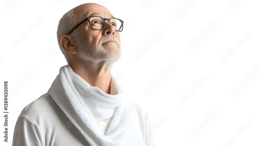 Senior Man Relaxing in White T-Shirt and Towel - Refreshing Concept for Wellness and Leisure Senior Man Relaxing in White T-Shirt and Towel - Refreshing Concept for Wellness and Leisure