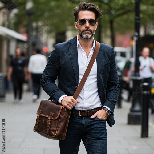 A stylish man in his thirties walking down a bustling street, carrying a leather bag and wearing sunglasses