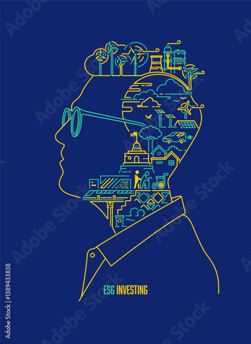 concept of ESG investing or sustainable investment, graphic of businessman character with ESG inside