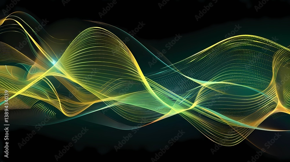 Fototapeta premium A grrenn and yellow glowing light lines on a black background, Generative AI illustrations.