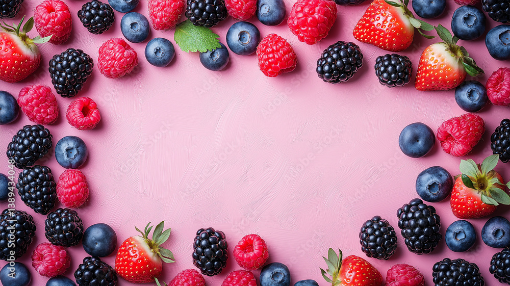 Berries on Pink. Fresh assorted berries on a pastel pink background. Top-down view with space for text. Berries on Pink. Fresh assorted berries on a pastel pink background. Top-down view with space for text.