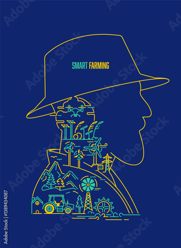 concept of smart farming or organic agriculture, graphic of farmer character with agricultural engineering element inside