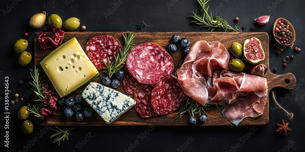 Fototapeta premium Meat, Cheese, and Appetizer Platter with Prosciutto, Salami, and Olives on Wooden Board