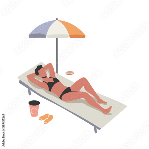 Woman relaxing in sun wearing swimsuit under beach umbrella  