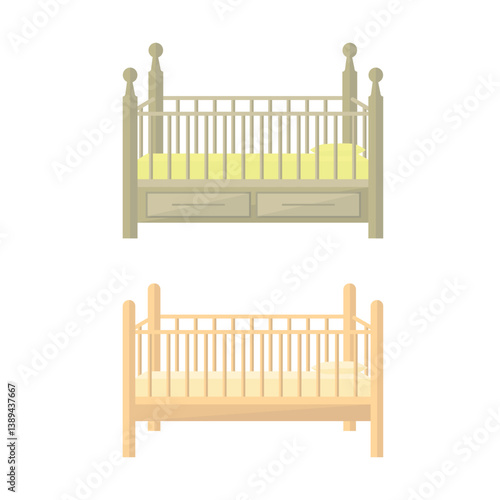 Icons of two baby cots on a white background. Baby cot with drawers and baby cot without drawers.
